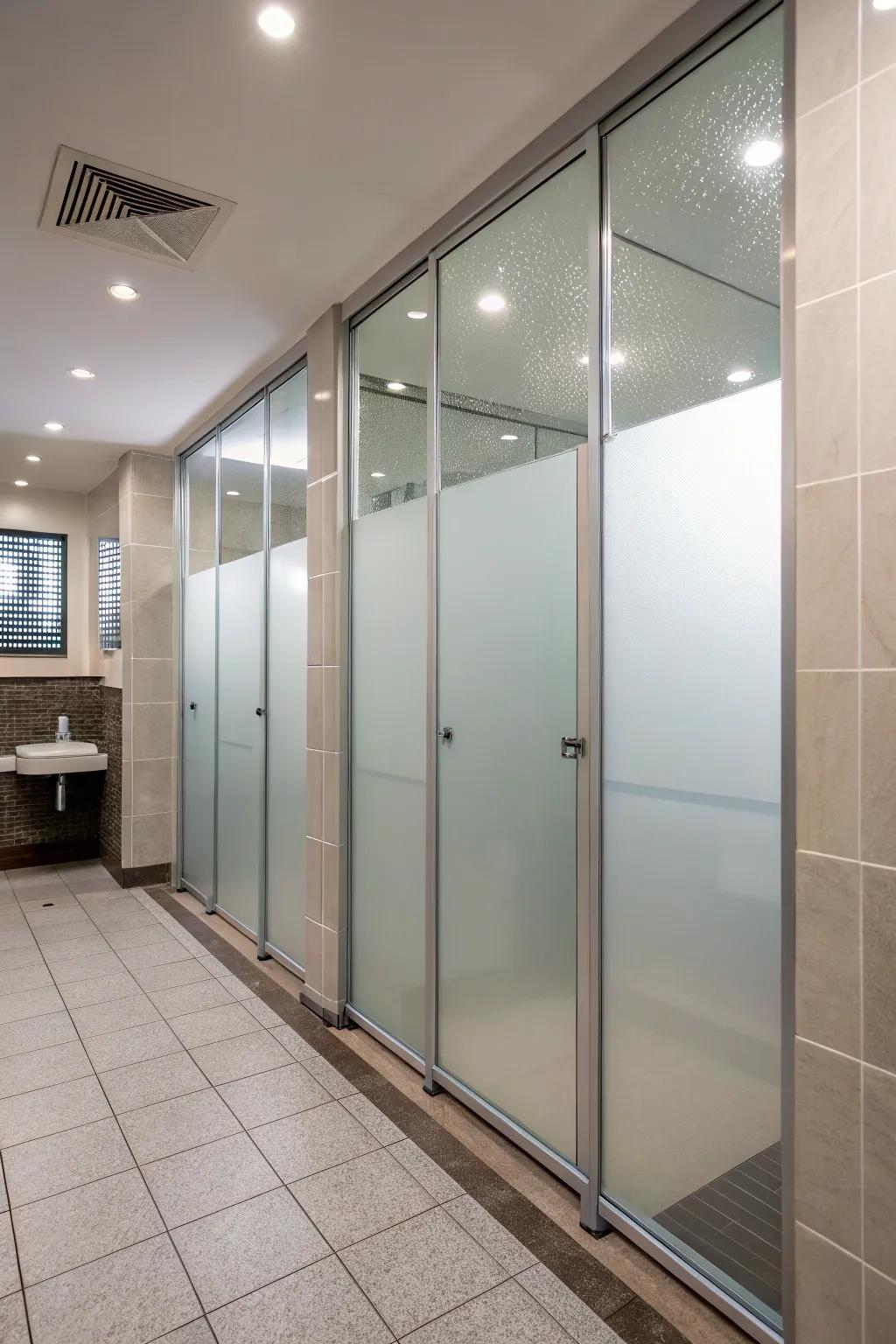 Frosted glass partitions balancing privacy and light in showers.