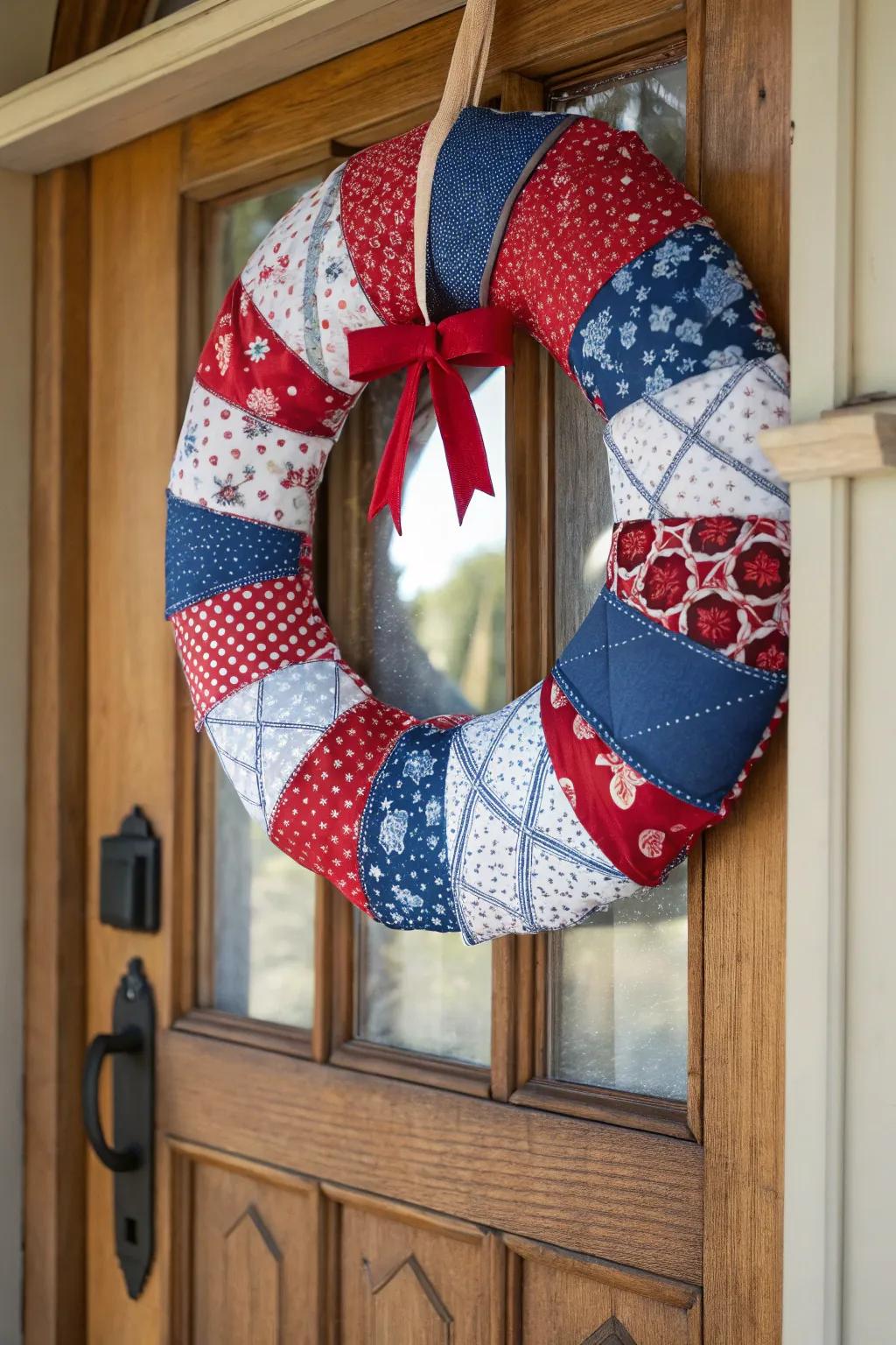 Quilted fabric wreath with vintage appeal.