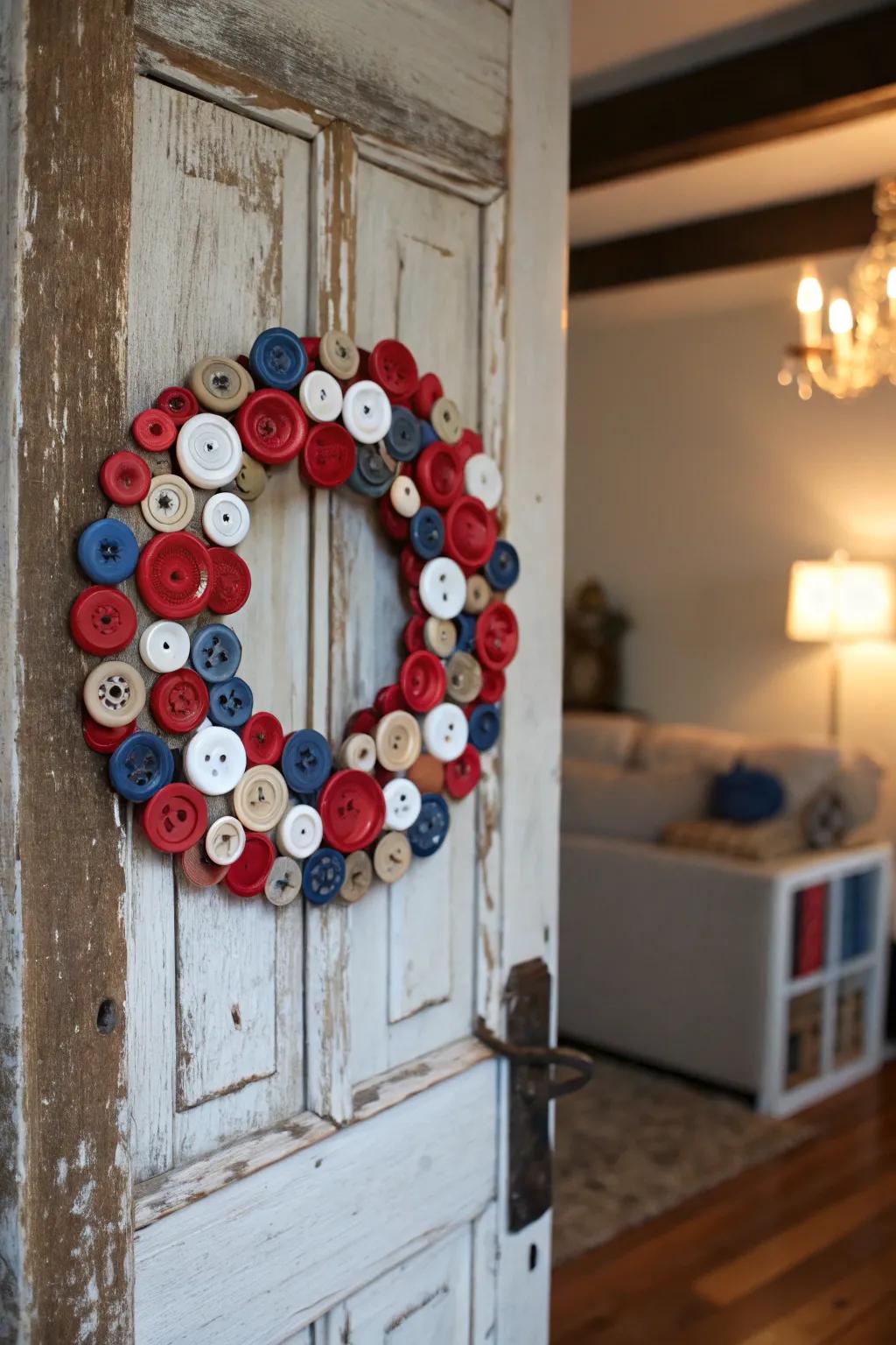 Textured wreath made from repurposed buttons.