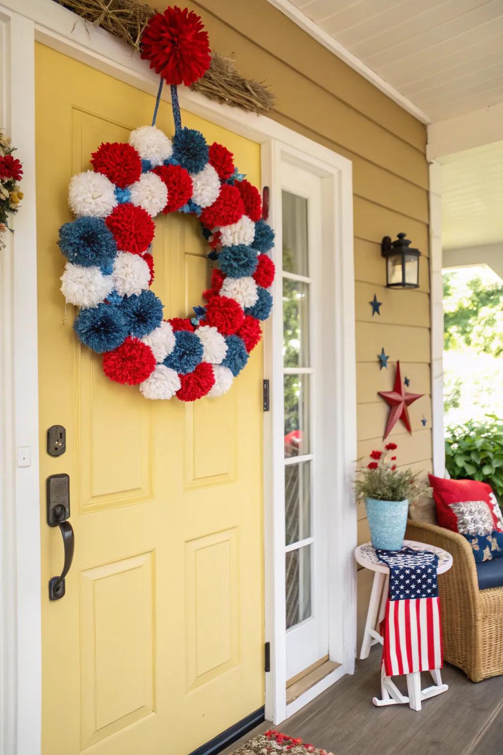 Whimsical pom-pom wreath in patriotic colors.