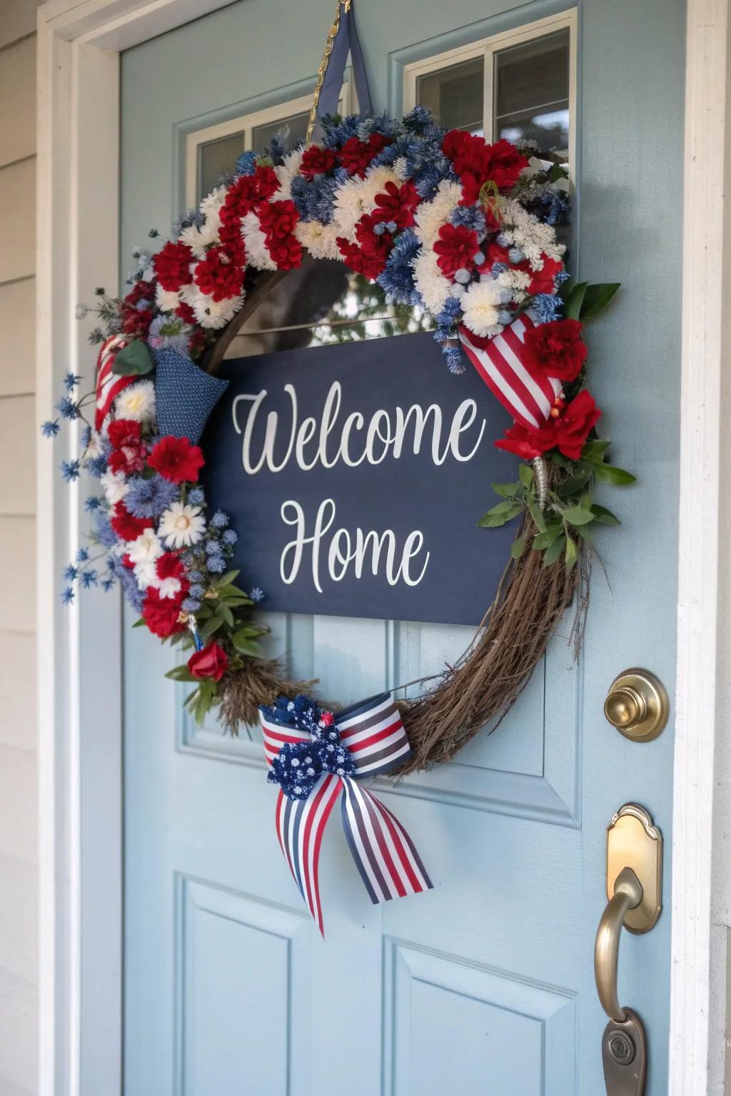 Wreath featuring a'Welcome Home' message.