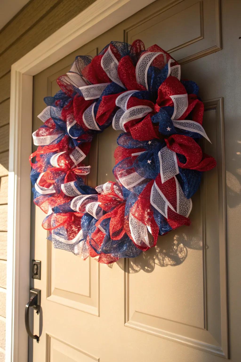 Patriotic mesh wreath with bold colors.