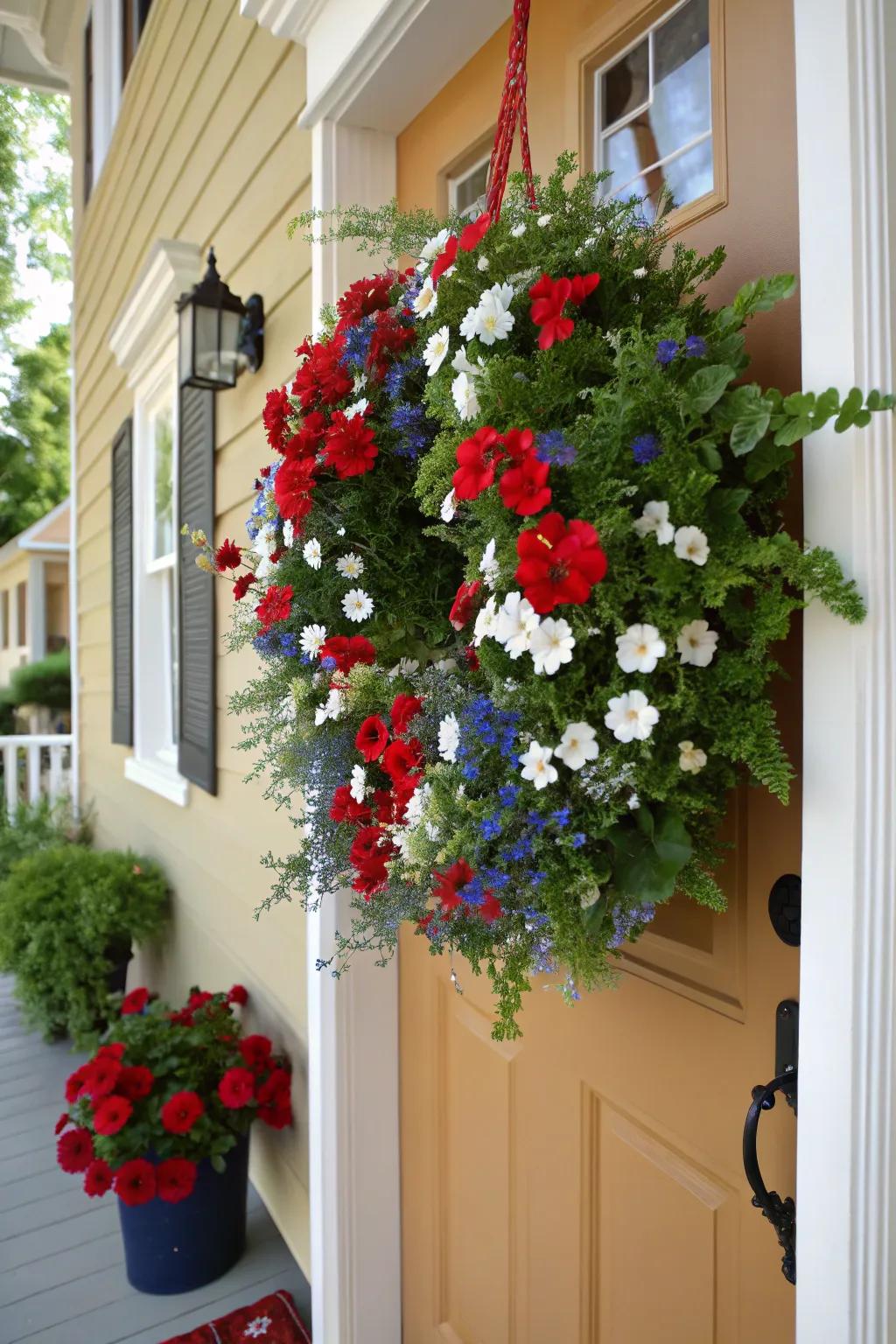 Lush floral wreath with patriotic colors.