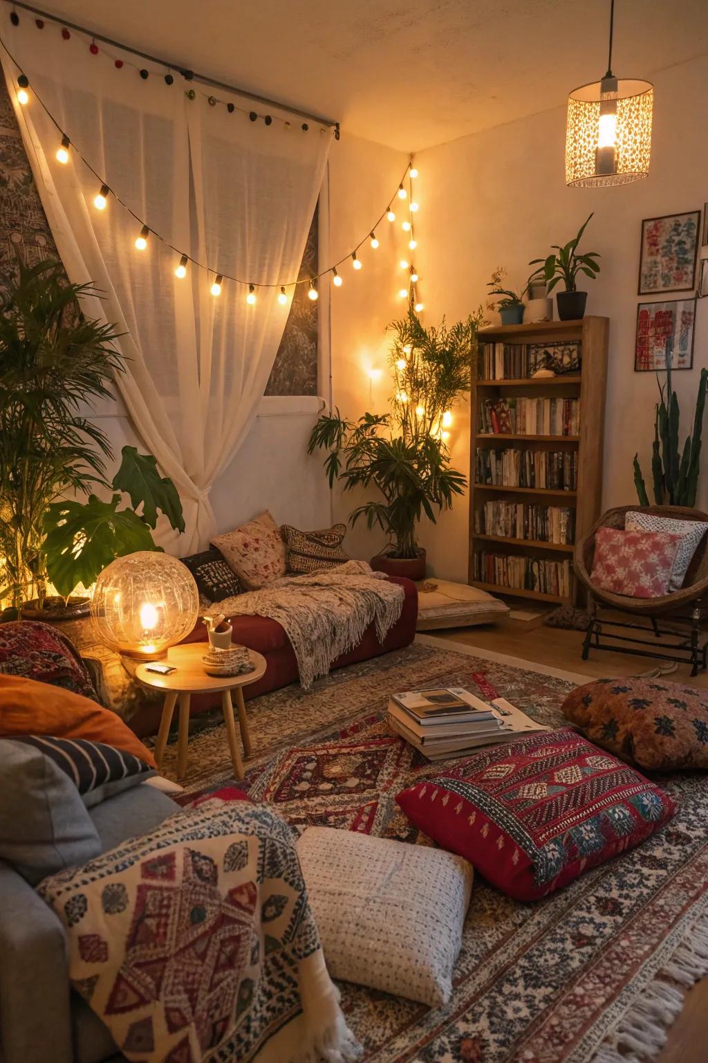 A warm and inviting bohemian room illuminated by soft lighting.