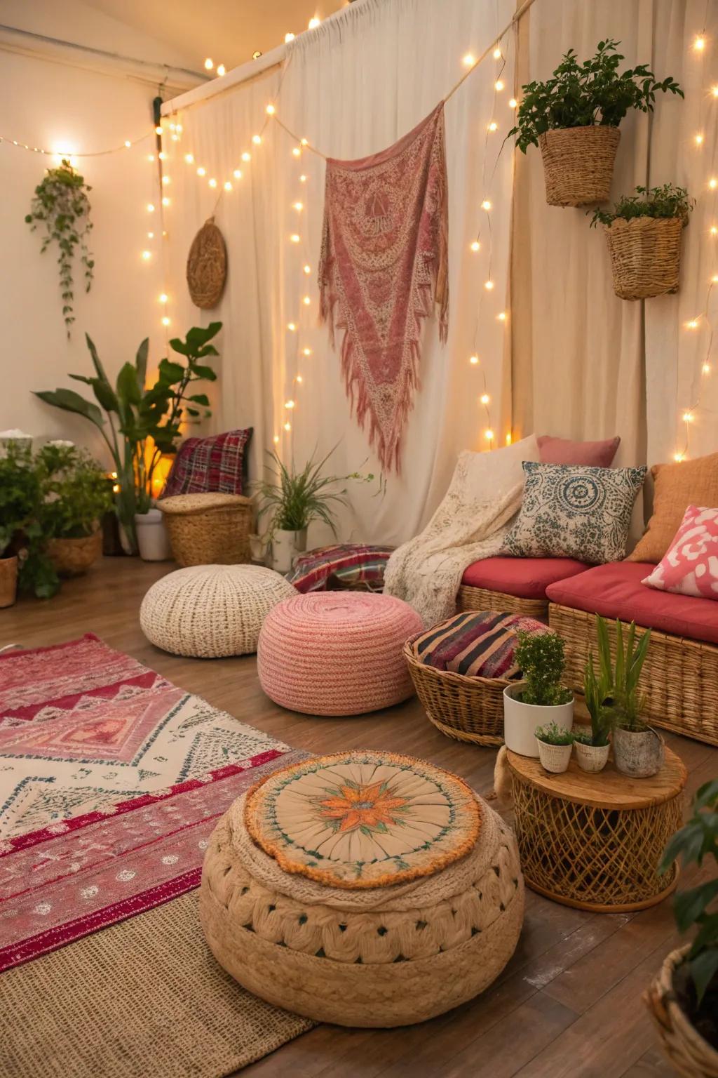 A cozy bohemian seating area with cushions and poufs.