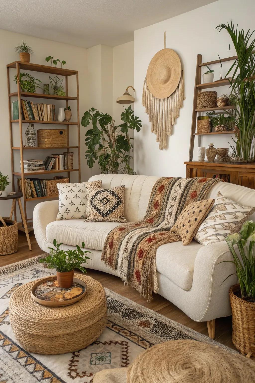 A bohemian living room softened by organic shapes.