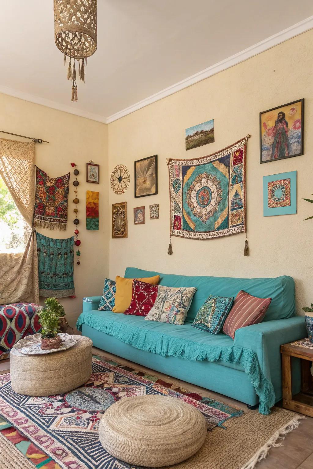 A bohemian room featuring a mix of vibrant and natural colors.