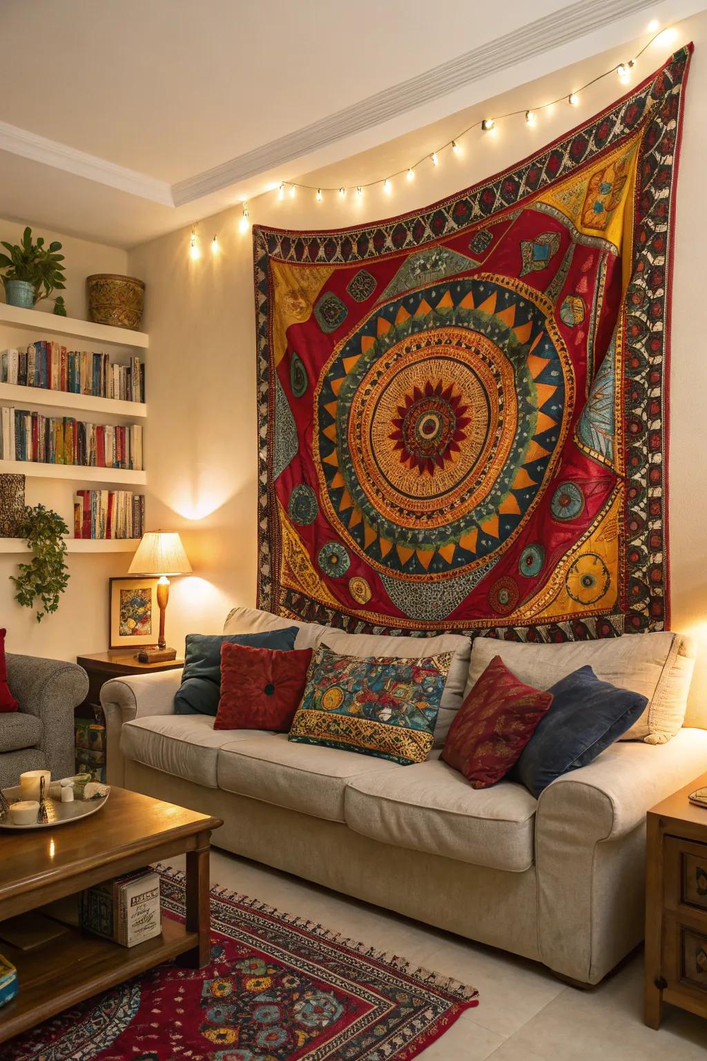 A vibrant tapestry serving as a focal point in a boho living room.