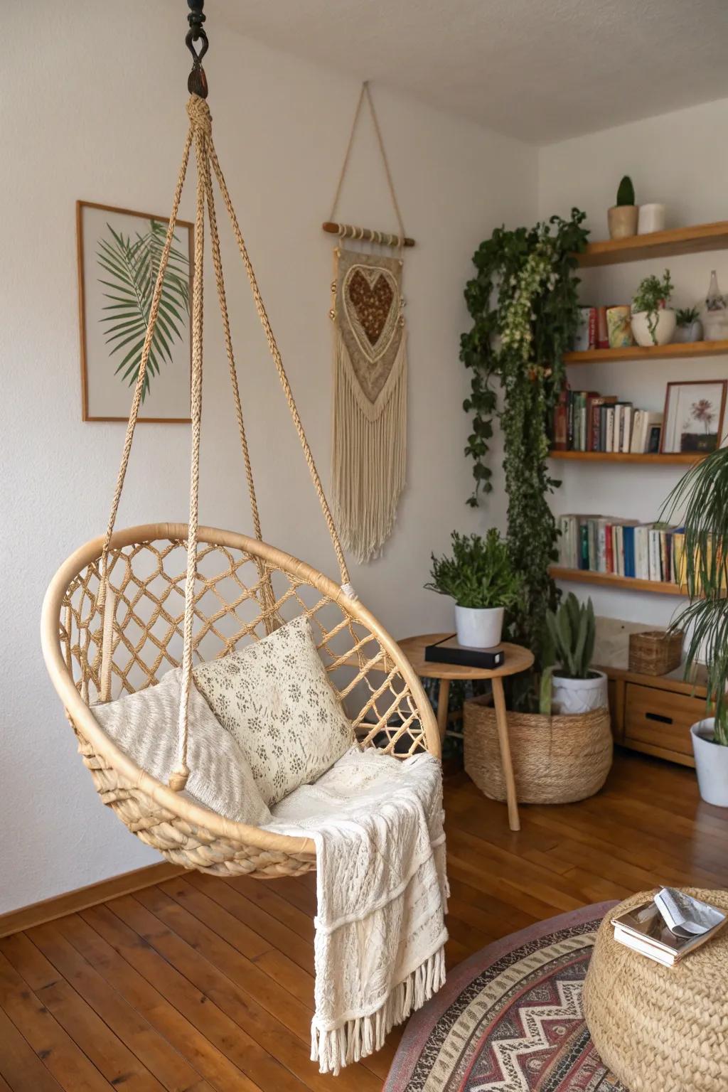 A rattan hanging chair creating a cozy boho corner.