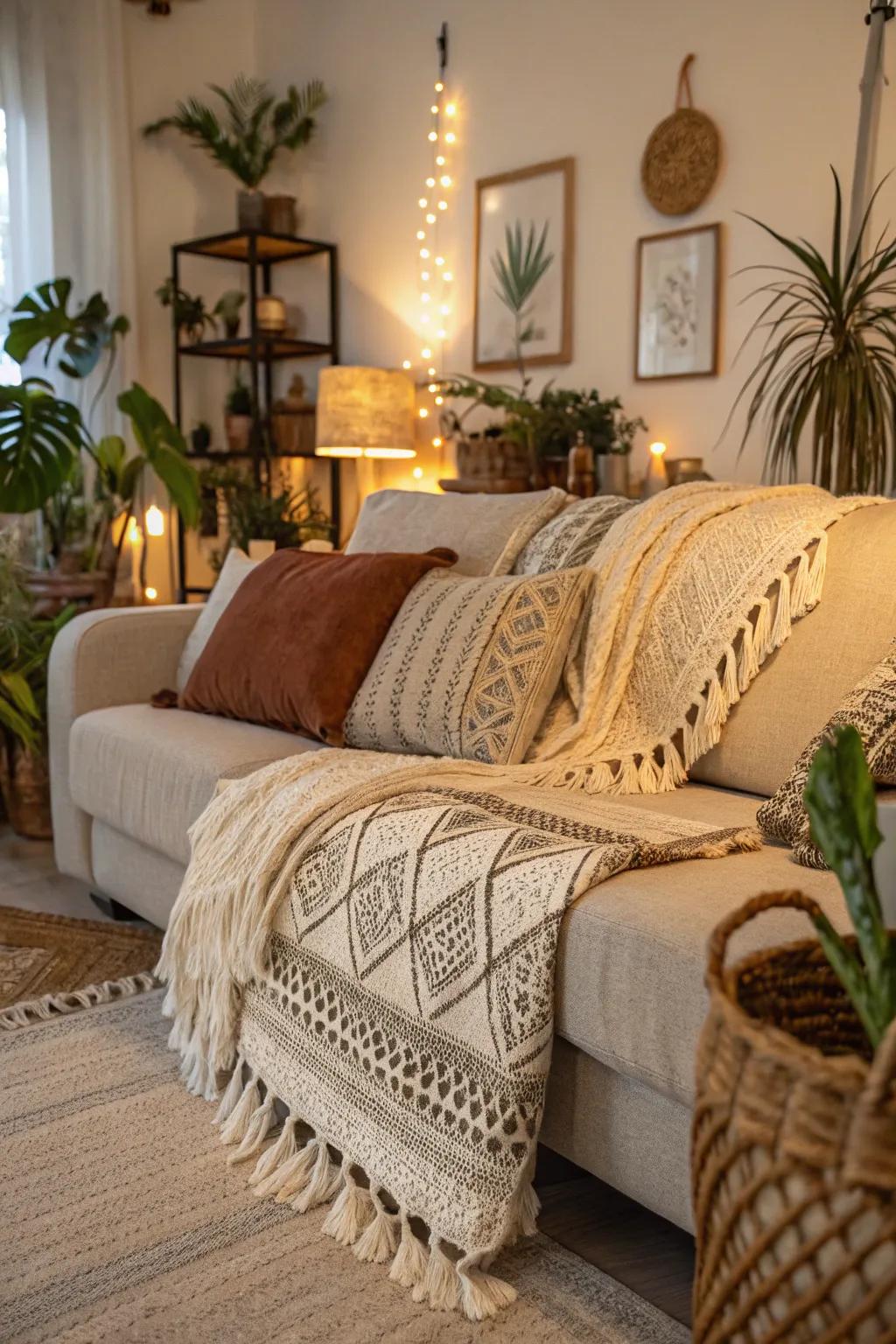 A cozy boho corner layered with rich textiles.