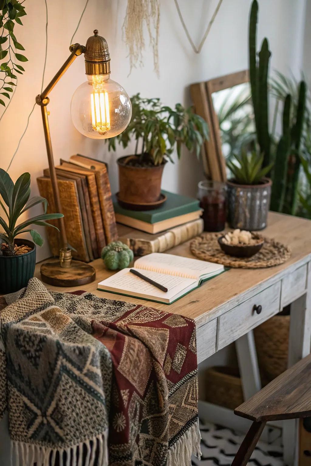 A boho workspace combining vintage and modern decor.
