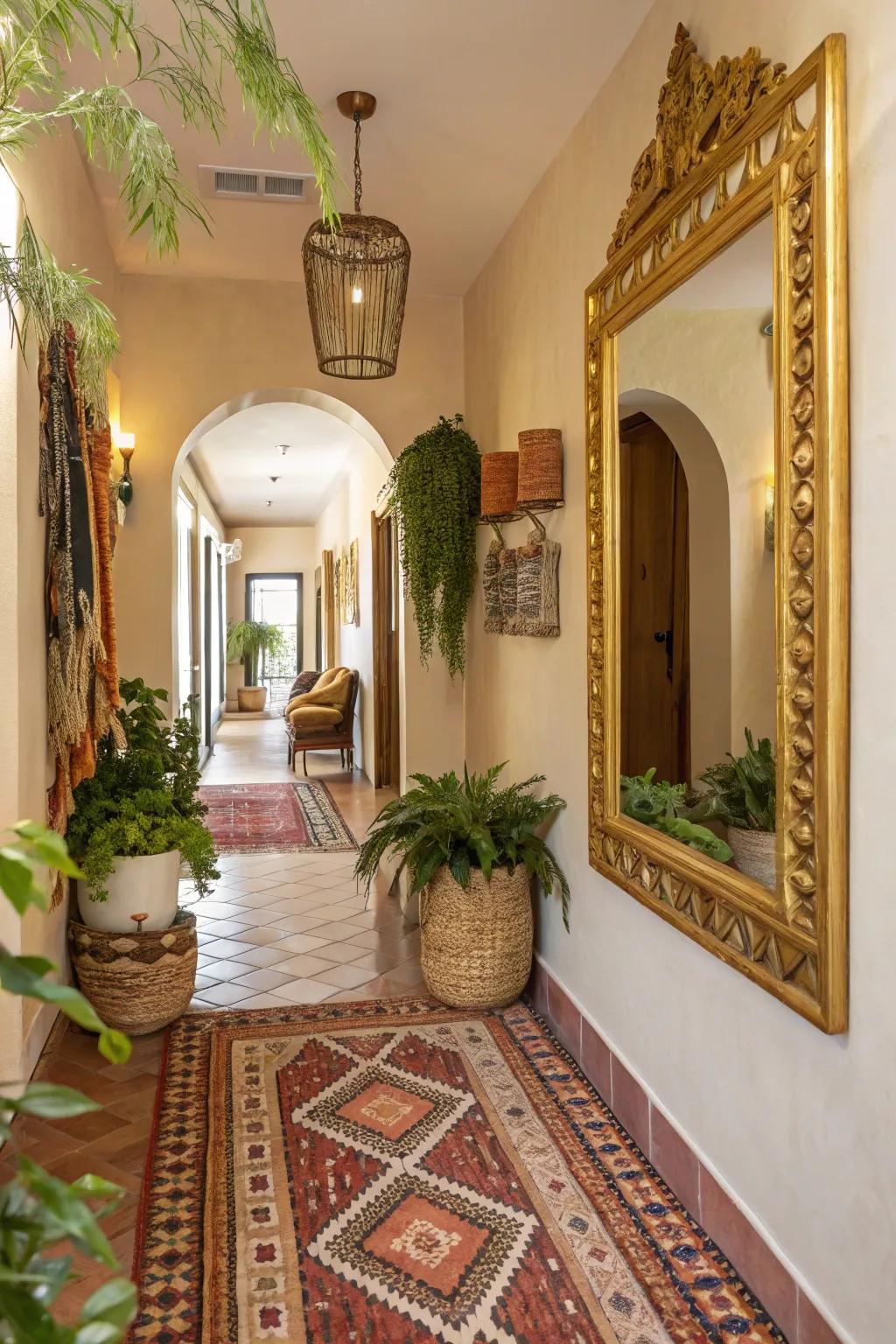 A bohemian hallway accented with gold details.