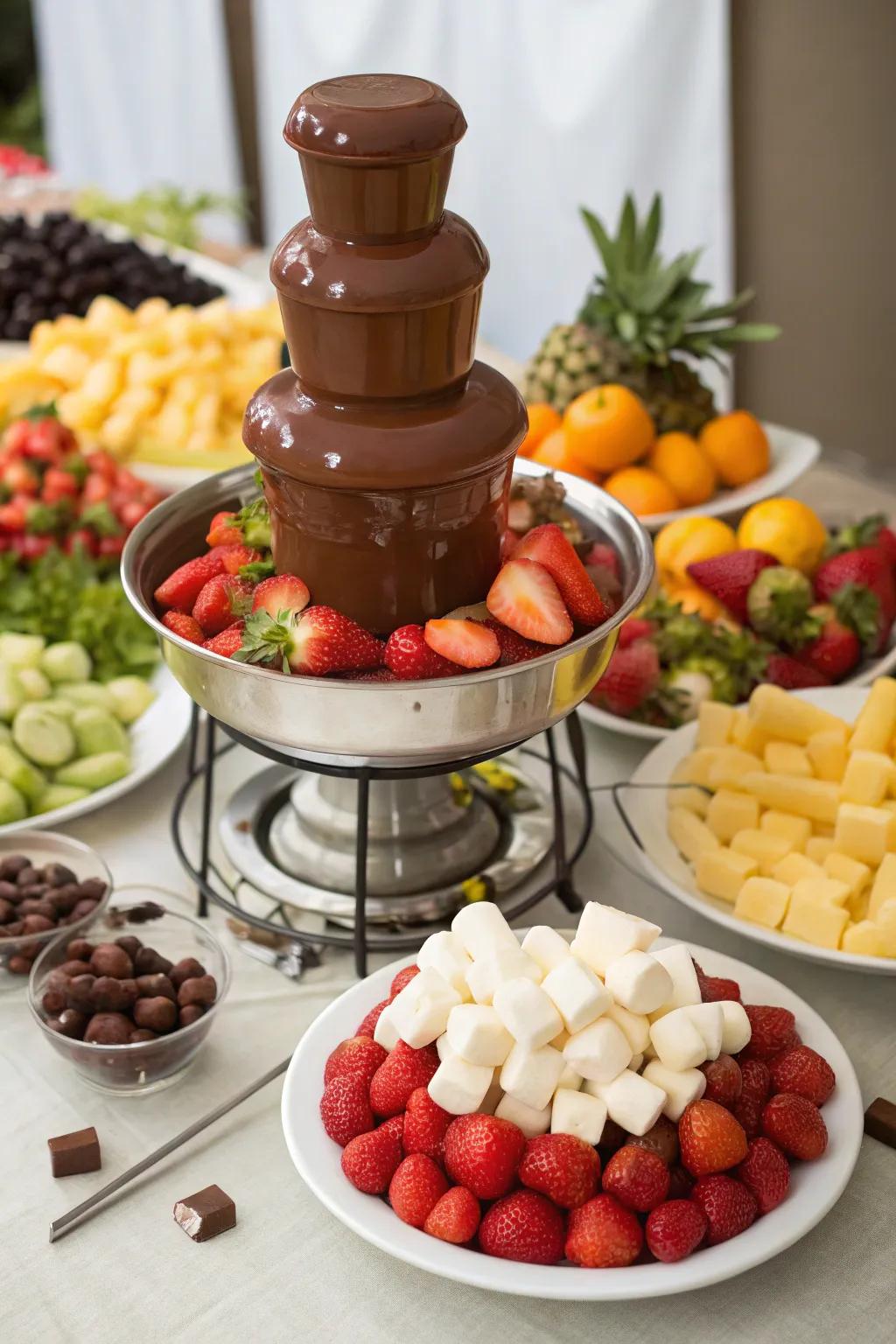 A luscious chocolate fountain surrounded by dipping treats.