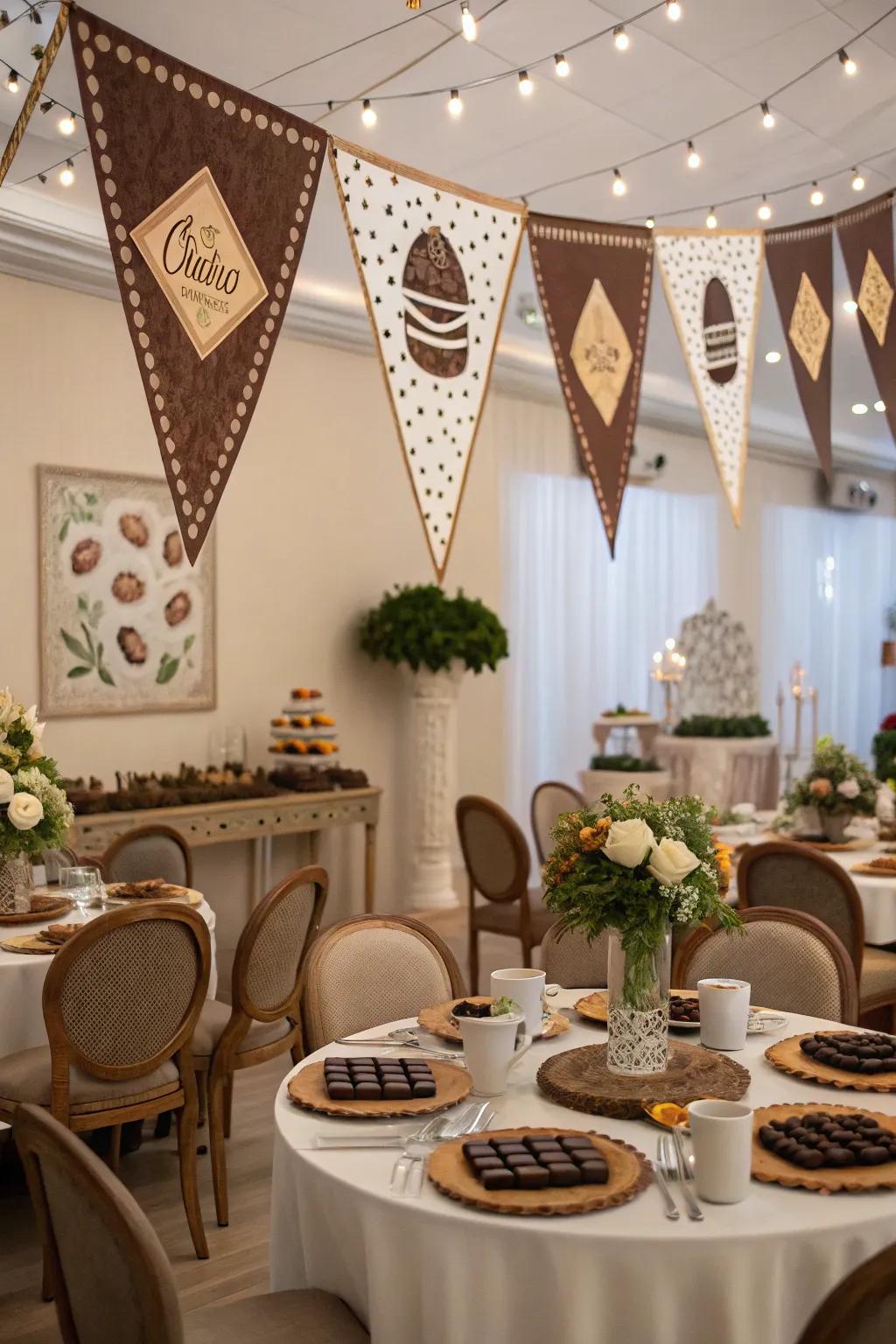Warm and inviting chocolate-themed party decorations.