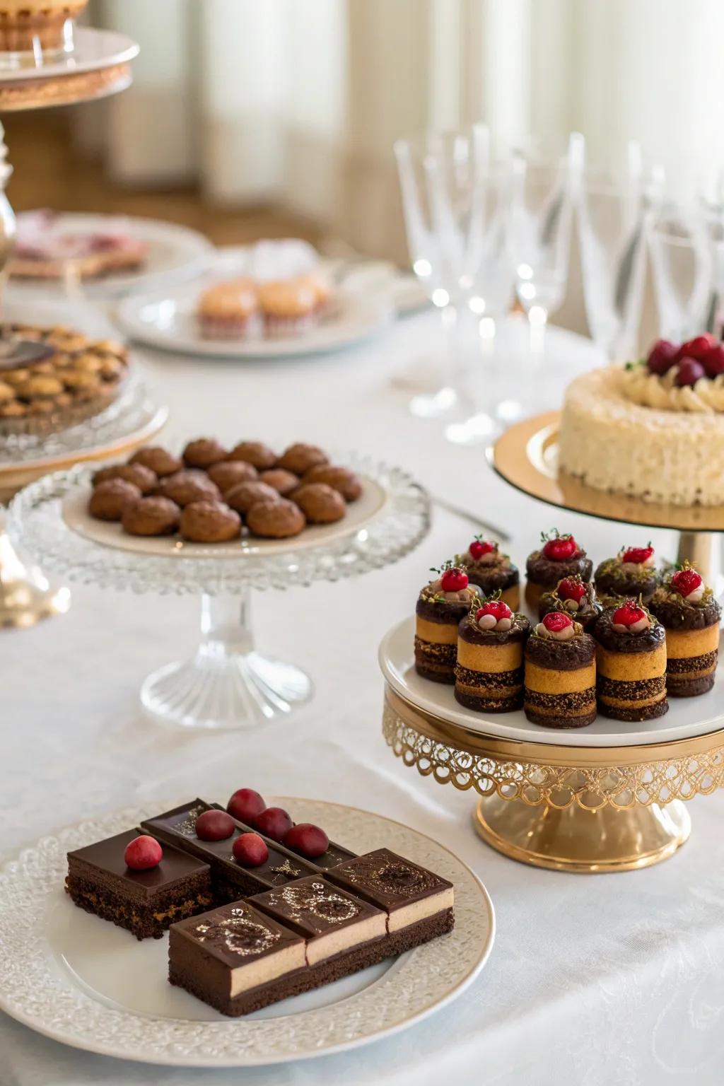 An elegant display of assorted chocolate desserts.
