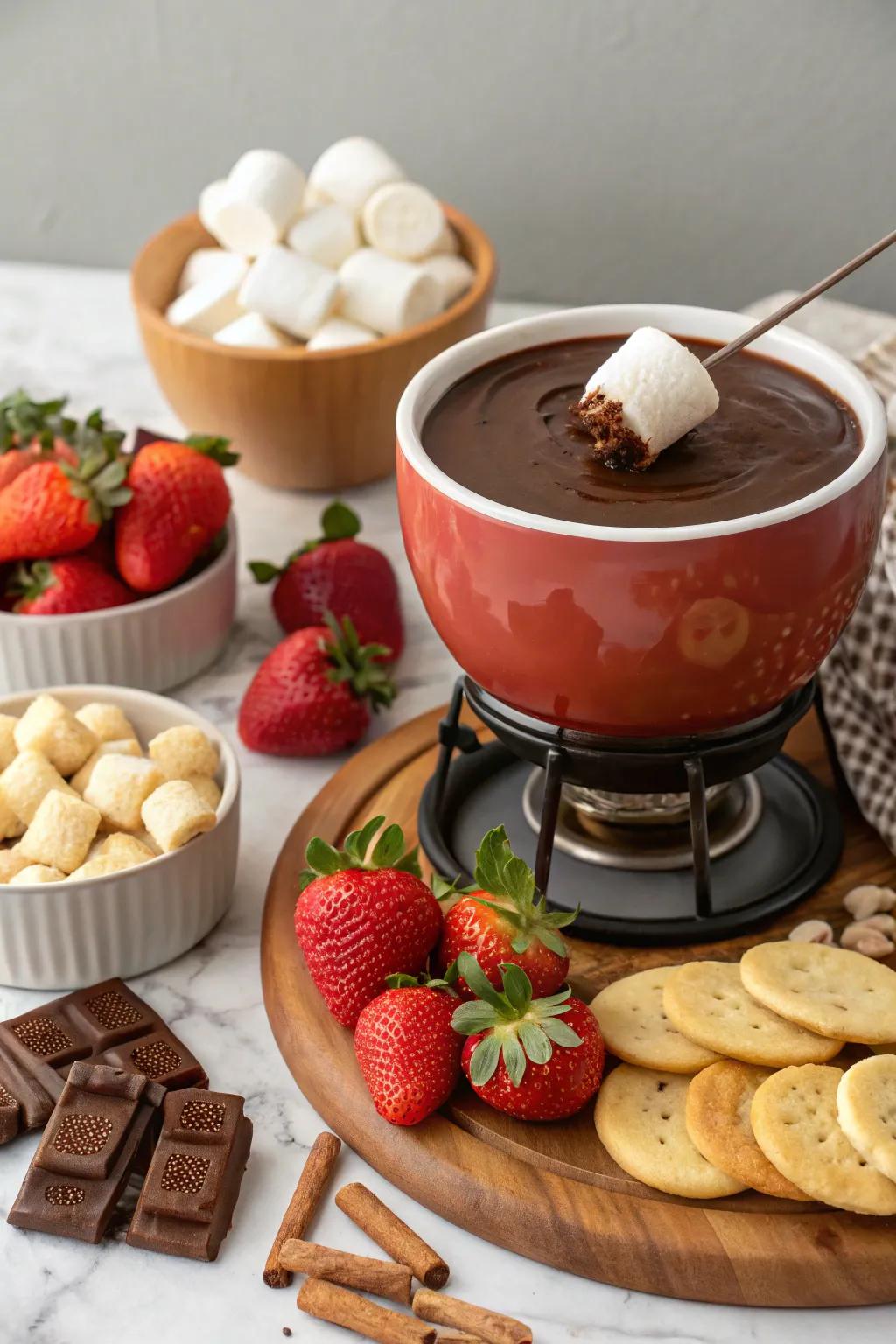 A warm and inviting chocolate fondue setup for sharing.