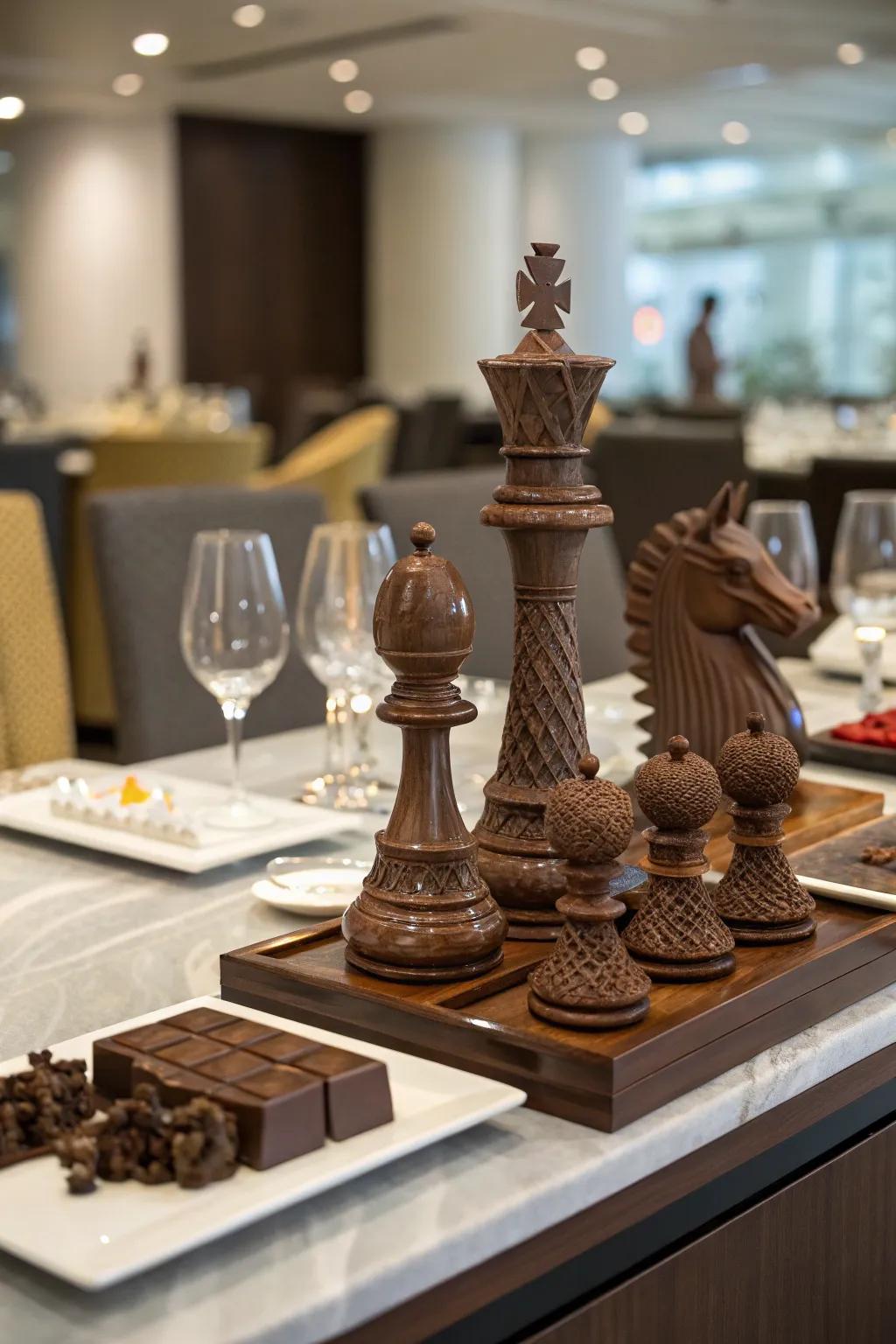 Intricate chocolate sculptures serving as artistic centerpieces.