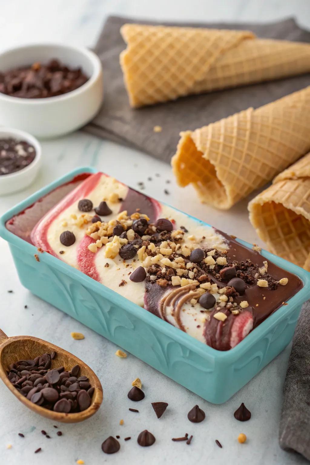 A refreshing chocolate ice cream bar with various toppings.