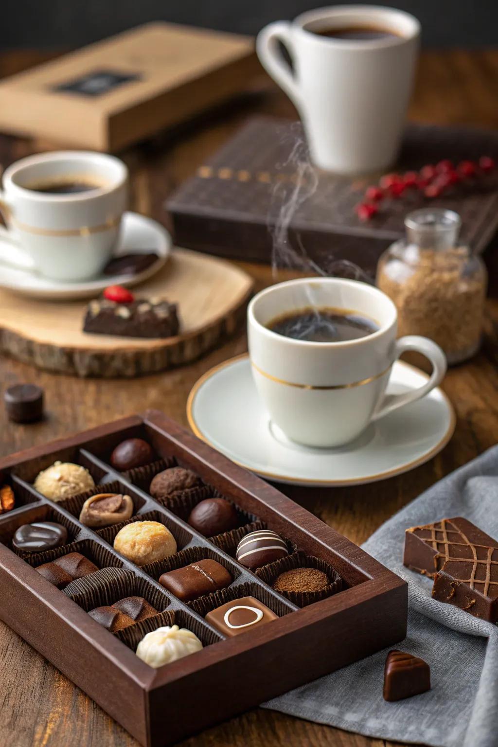 A sophisticated pairing of coffee and chocolate for tasting.