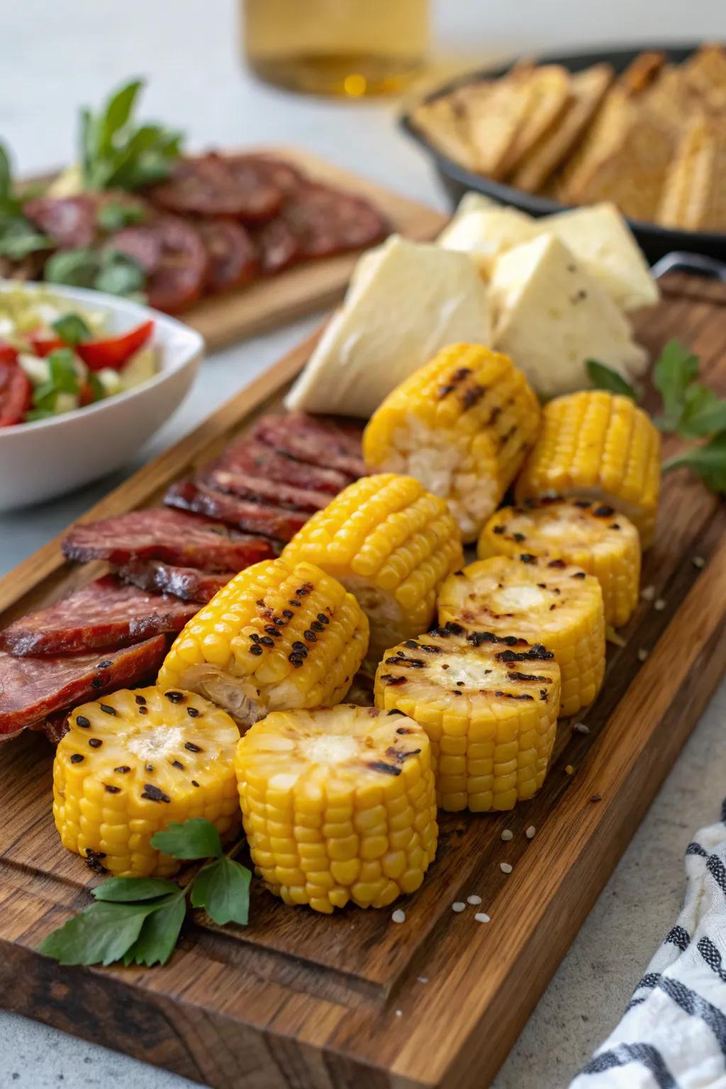 Slices of grilled corn adding sweetness and smokiness