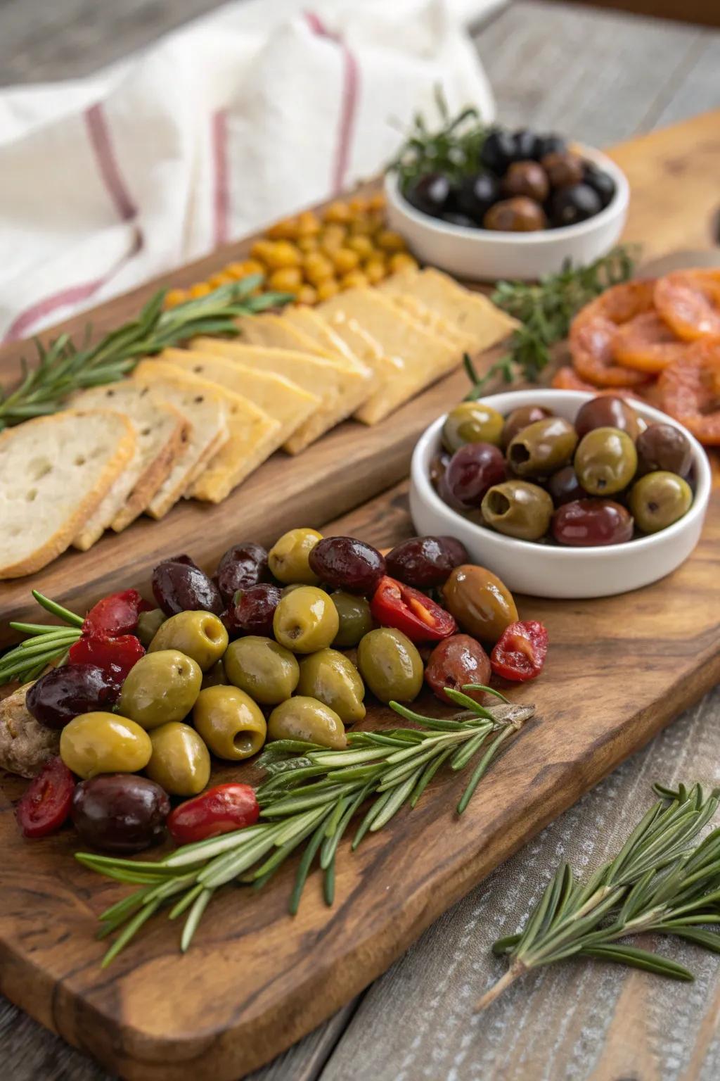 A variety of olives adding briny notes