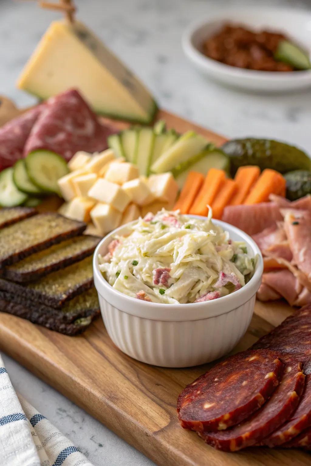 Creamy coleslaw adding texture and flavor