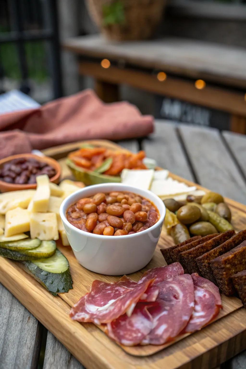 Warm baked beans adding comfort to the board
