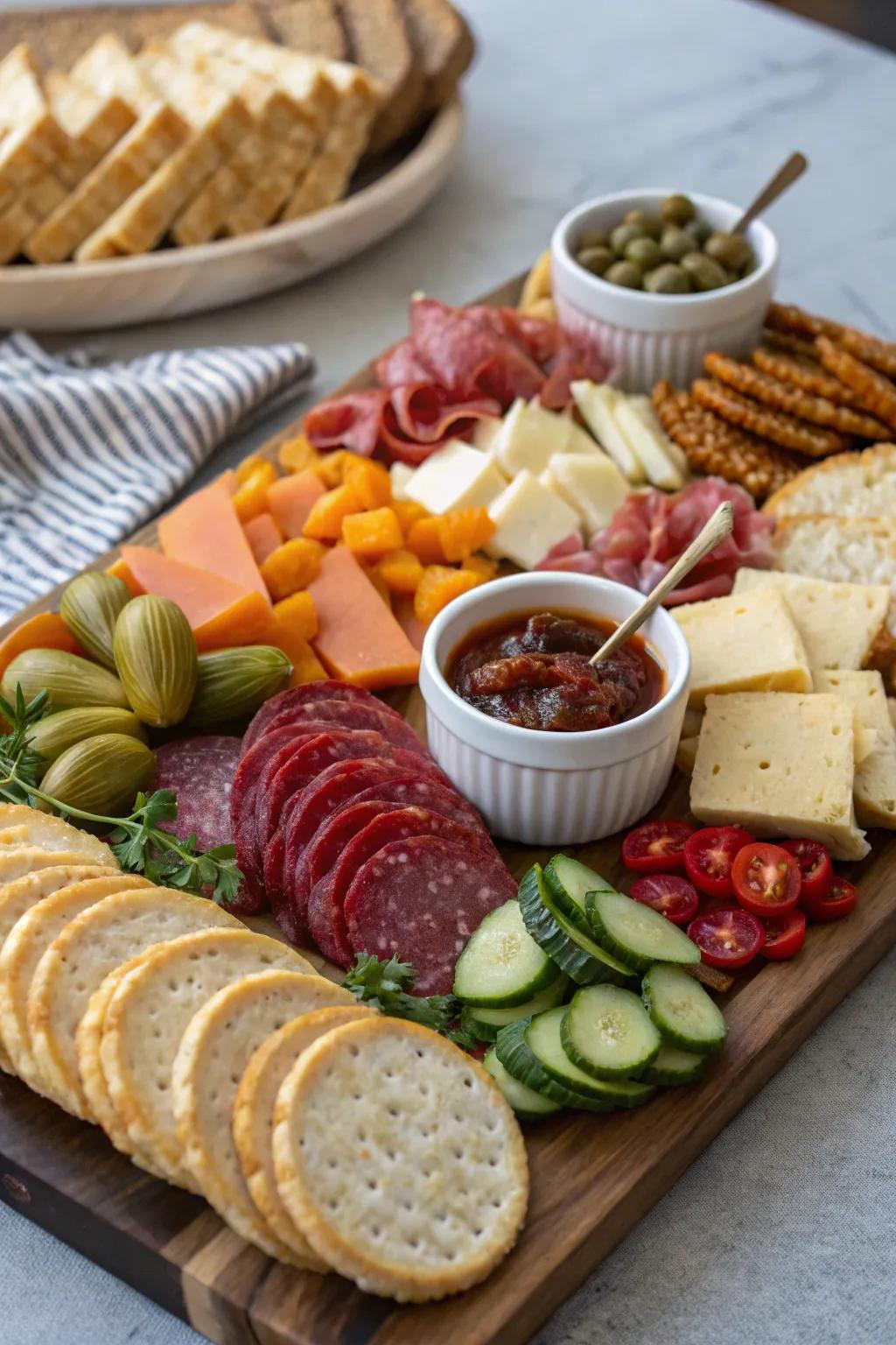 An assortment of breads and crackers complementing the board
