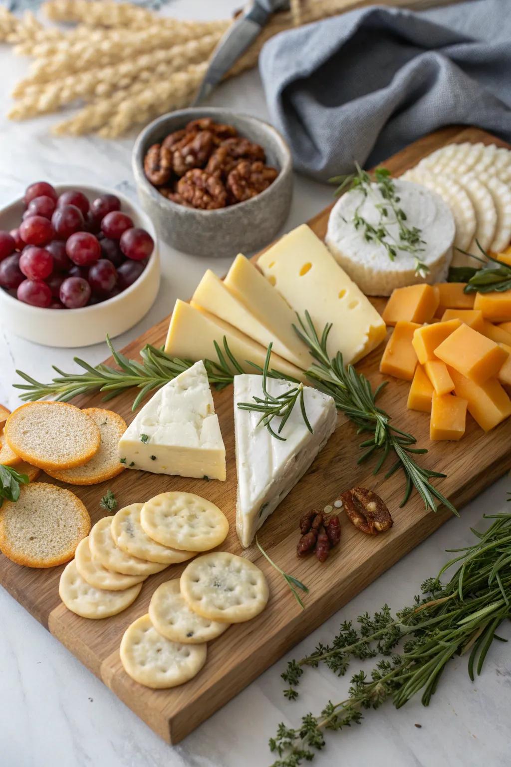 Variety of cheeses adding richness to the board