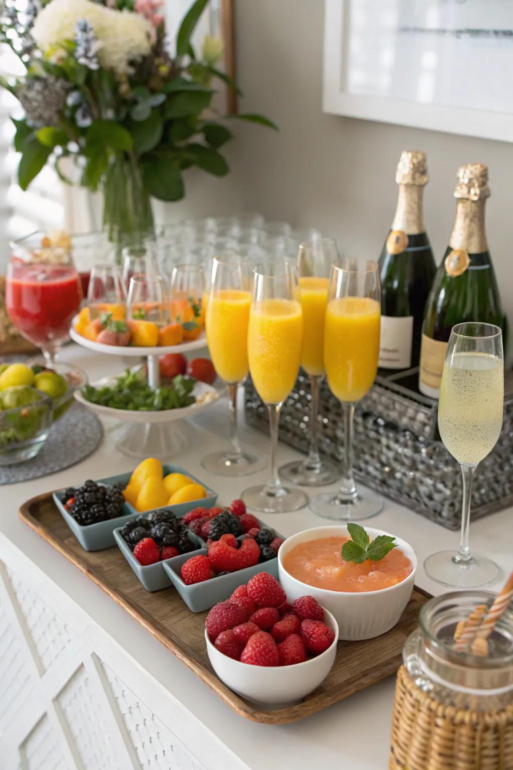 Mimosa bar setup with fresh juices and garnishes.