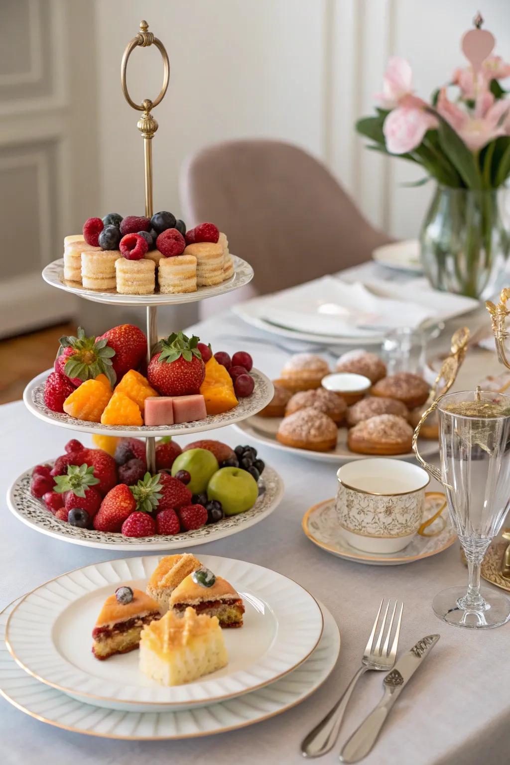Tiered stands add height and elegance to brunch displays.