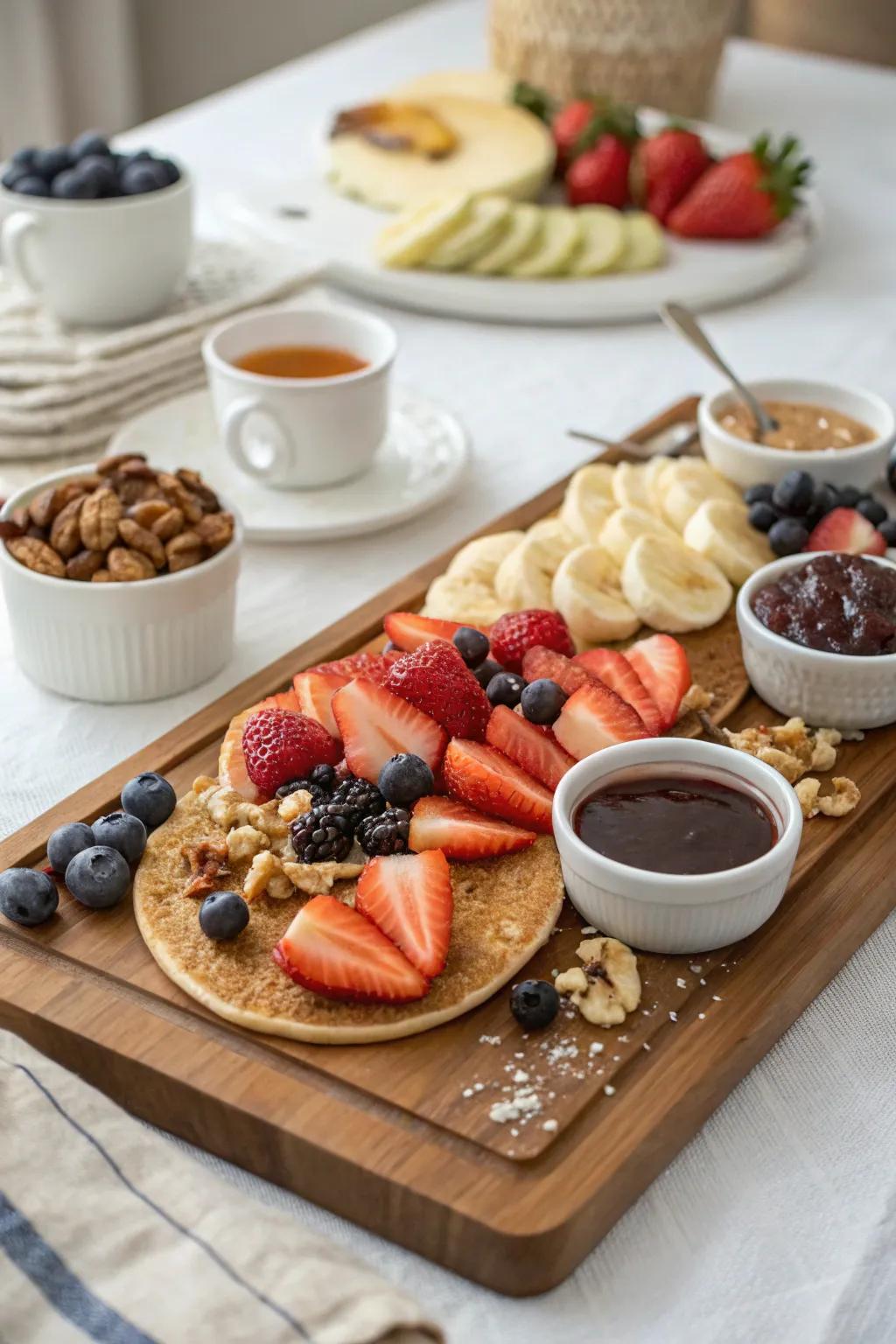 DIY pancake board with toppings and syrups.