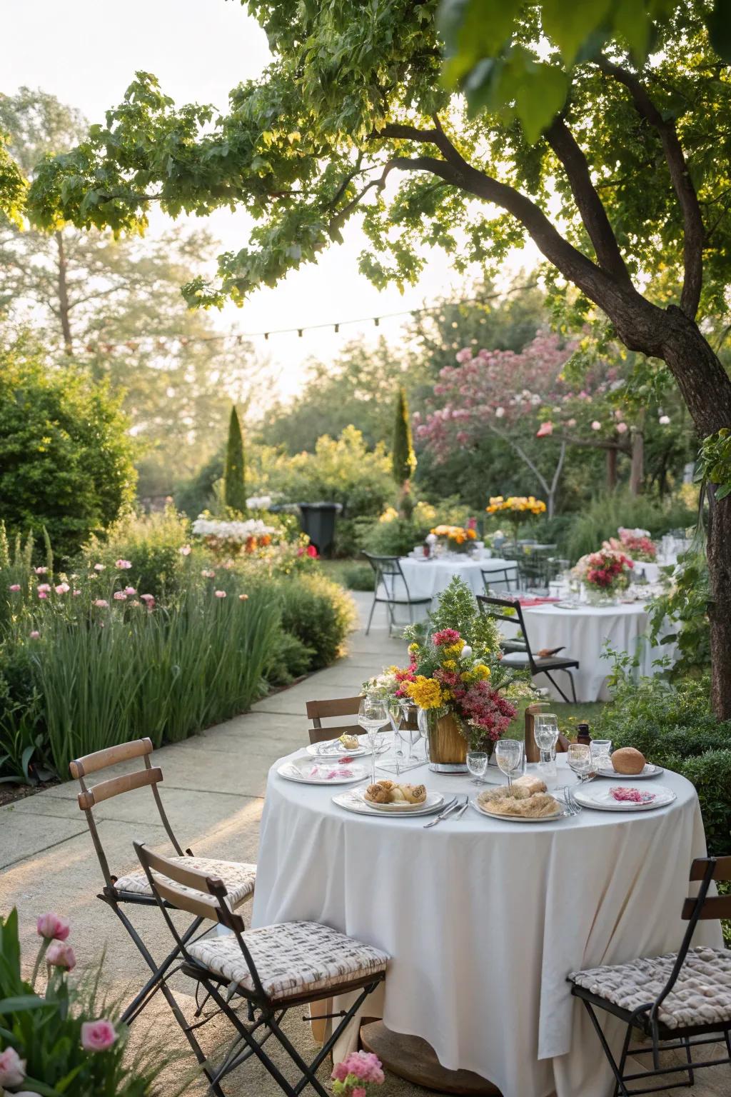 Outdoor garden brunch with natural surroundings.