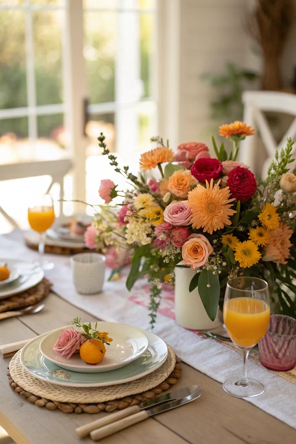Floral centerpieces add elegance to brunch tables.