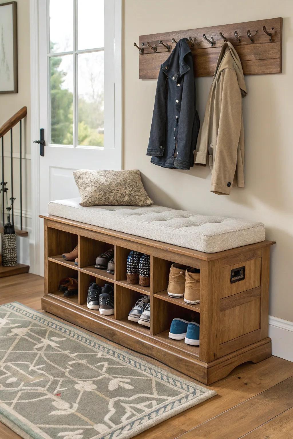 Shoe storage bench providing seating and organization.