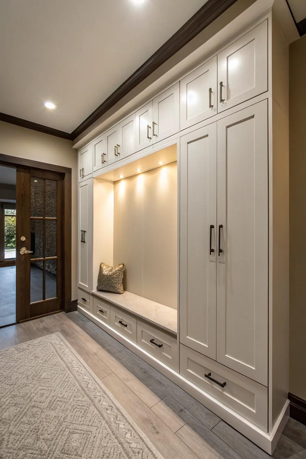 Custom-built cabinets designed for entryway storage.