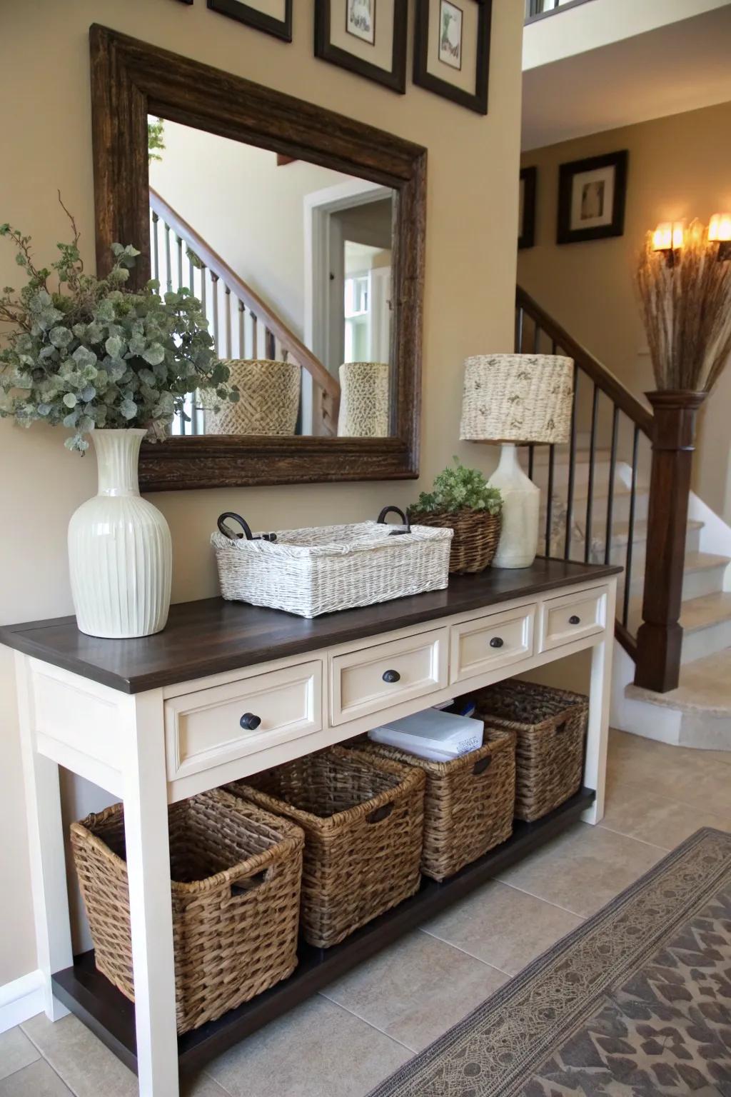 Chic baskets and bins for entryway organization.
