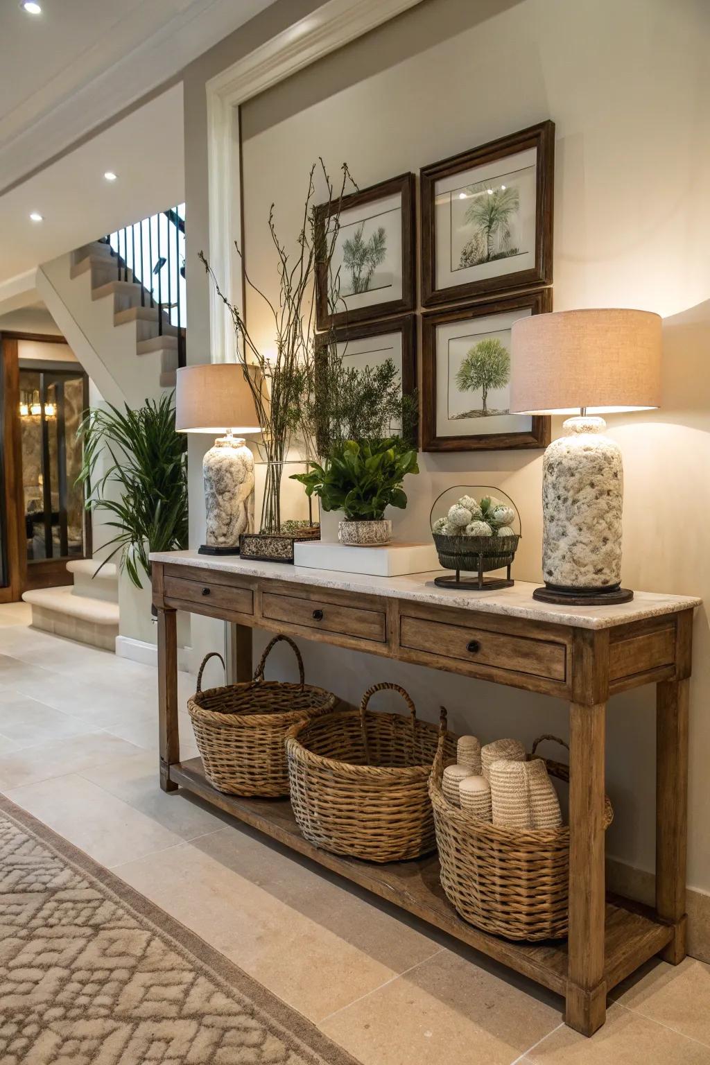 Console table with baskets for organized entryway storage.