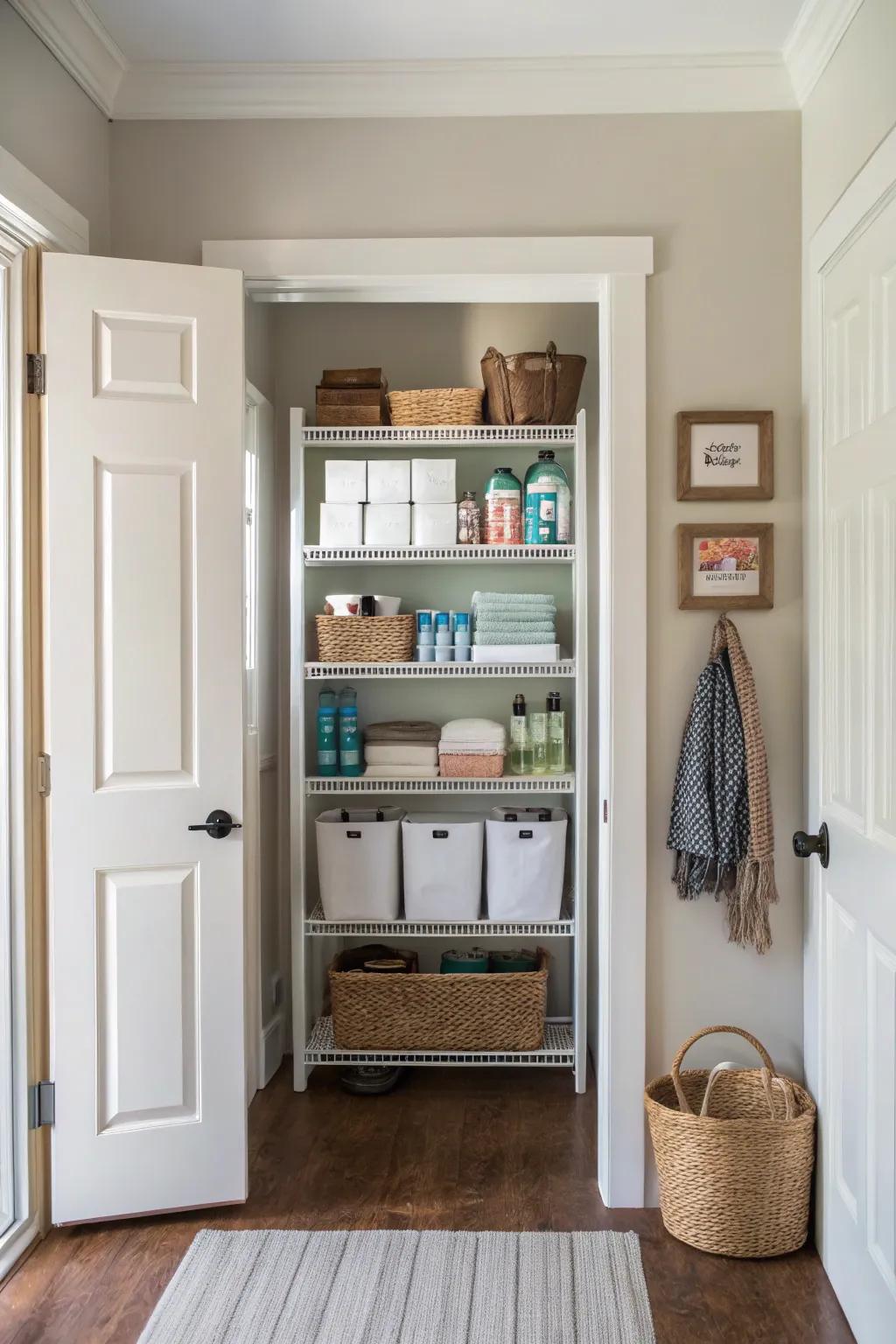 Over-the-door shelving for additional storage.