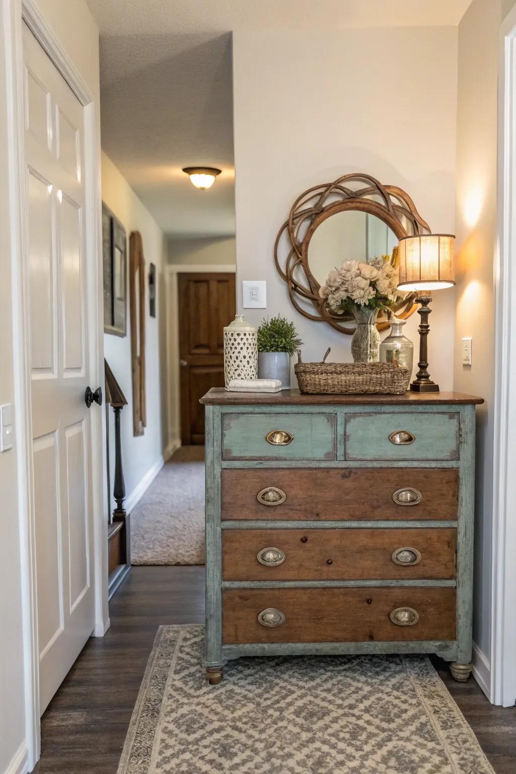 Repurposed dresser adding character and storage.