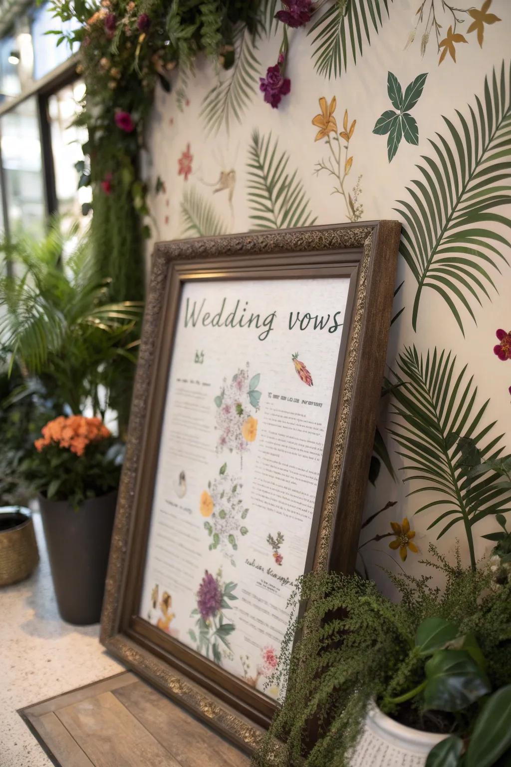 Wedding vows paired with dried flowers in a botanical frame.