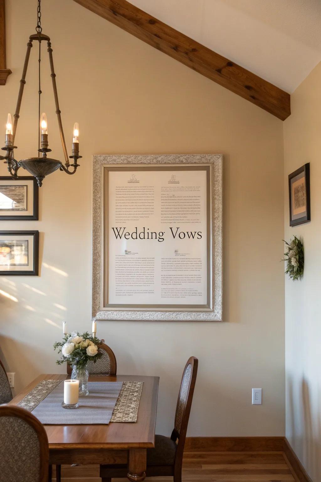 Contemporary floating frame showcasing wedding vows in a dining area.