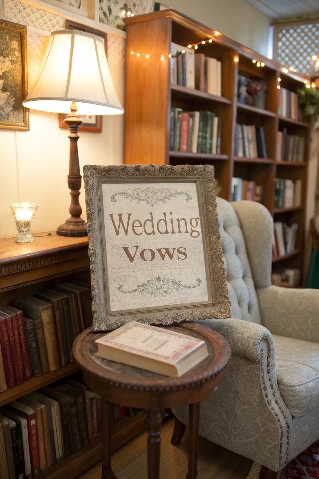 Vintage typewriter displaying wedding vows in a cozy nook.