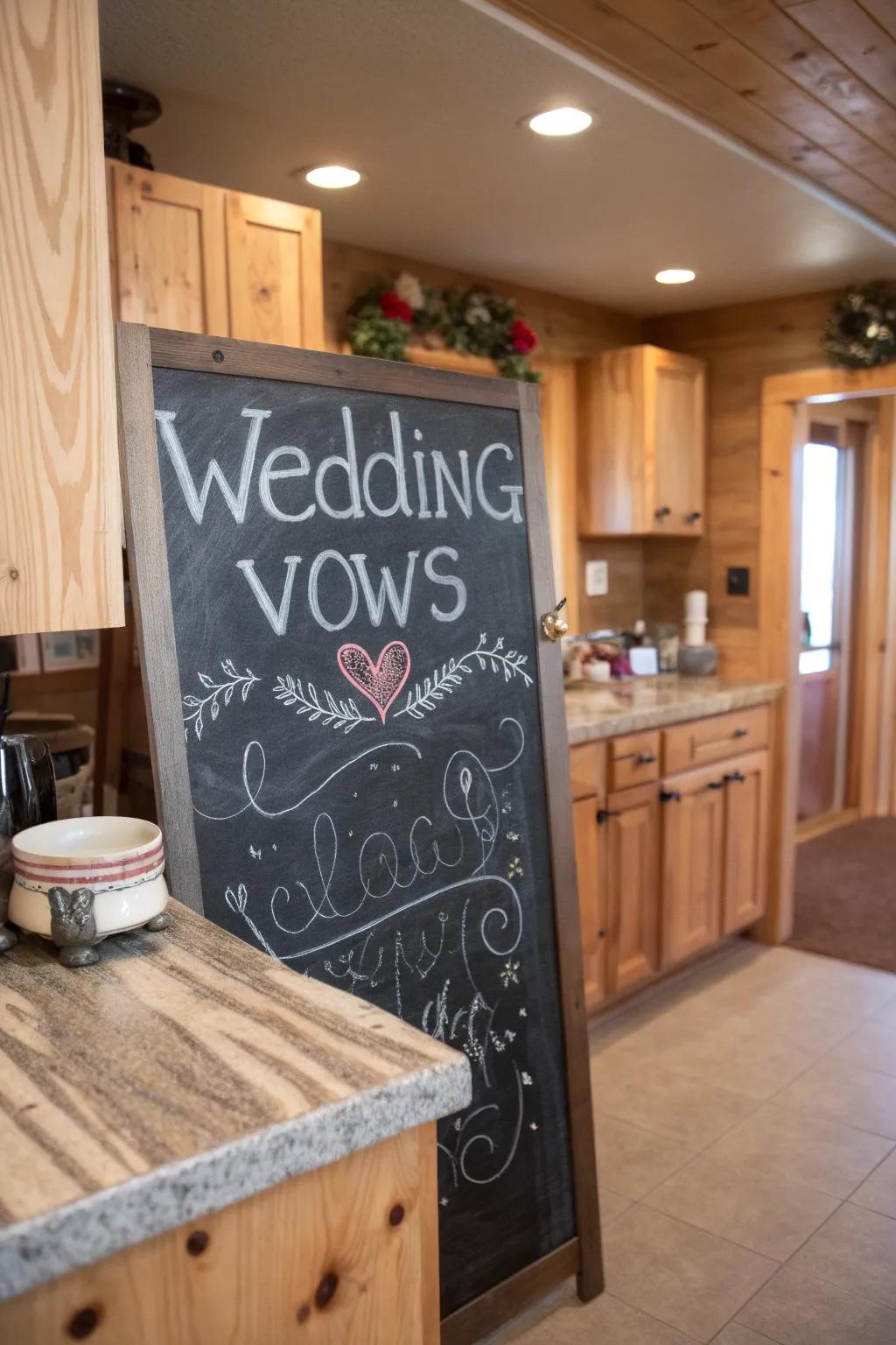 Rustic kitchen featuring wedding vows on a decorative chalkboard.