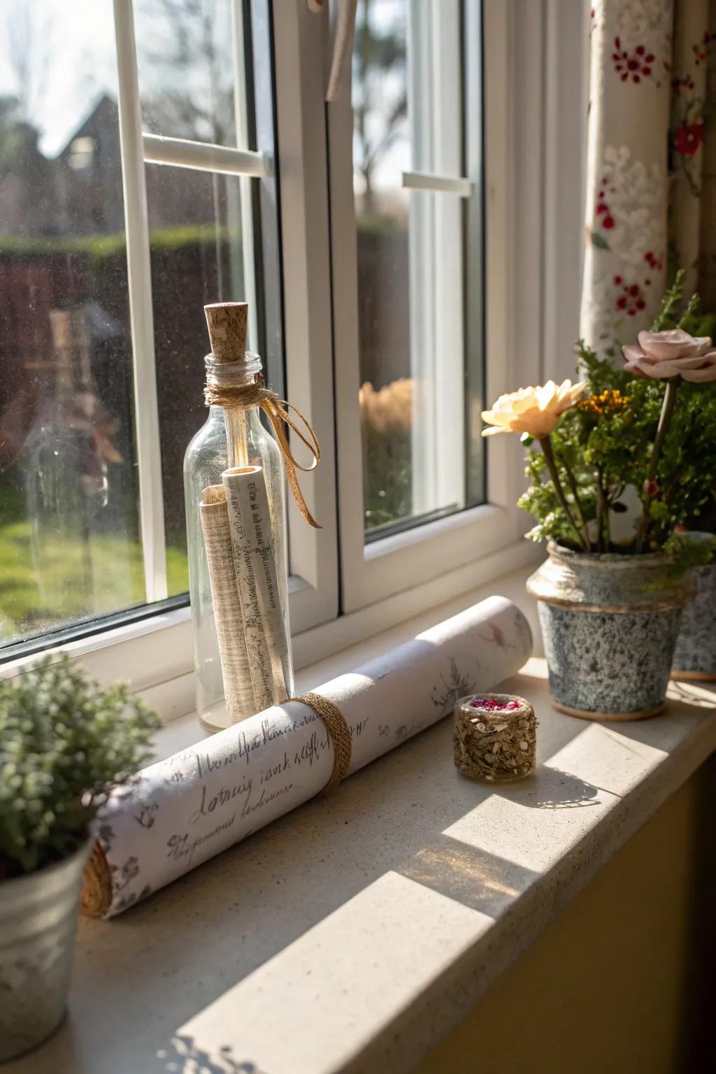 Sunlit decorative bottle containing wedding vows on a windowsill.