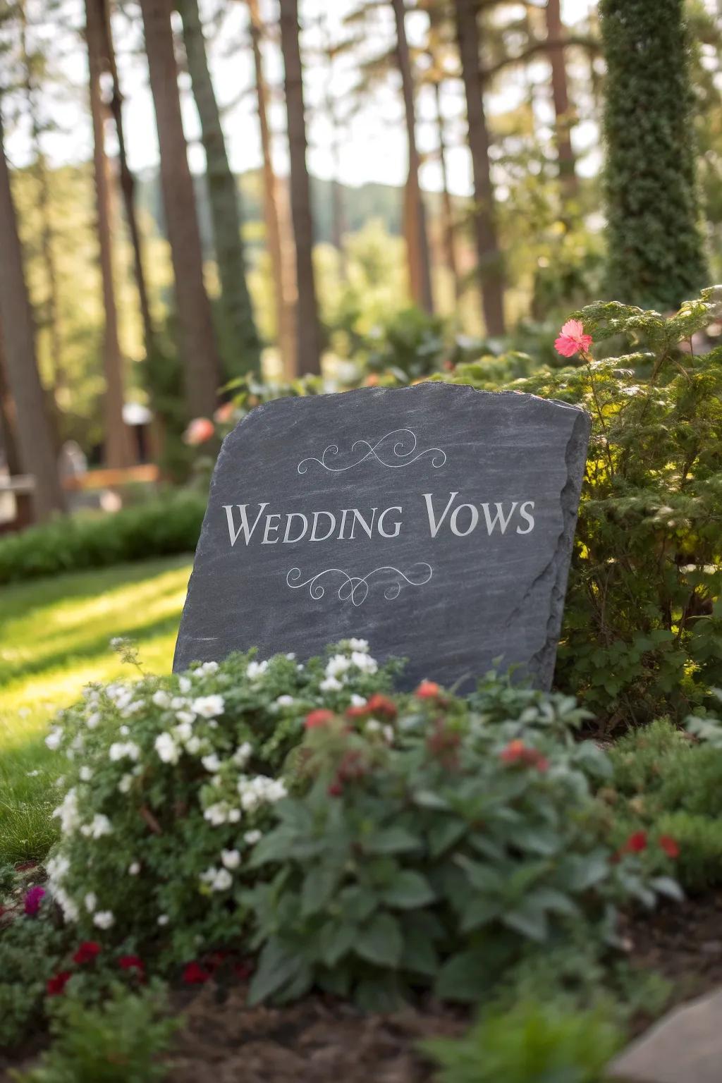 Engraved slate vow display blending with garden surroundings.