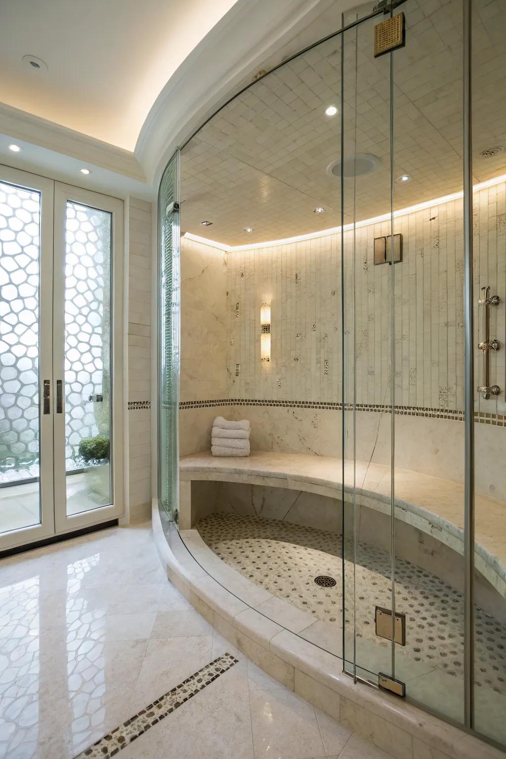 Curved bench adding a sophisticated and fluid design element to the shower.