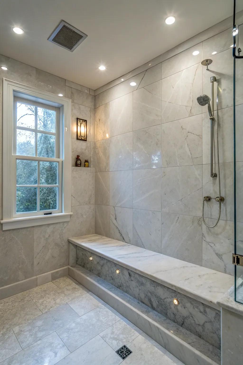 Seamless marble bench integrated into shower walls, combining luxury and practicality.