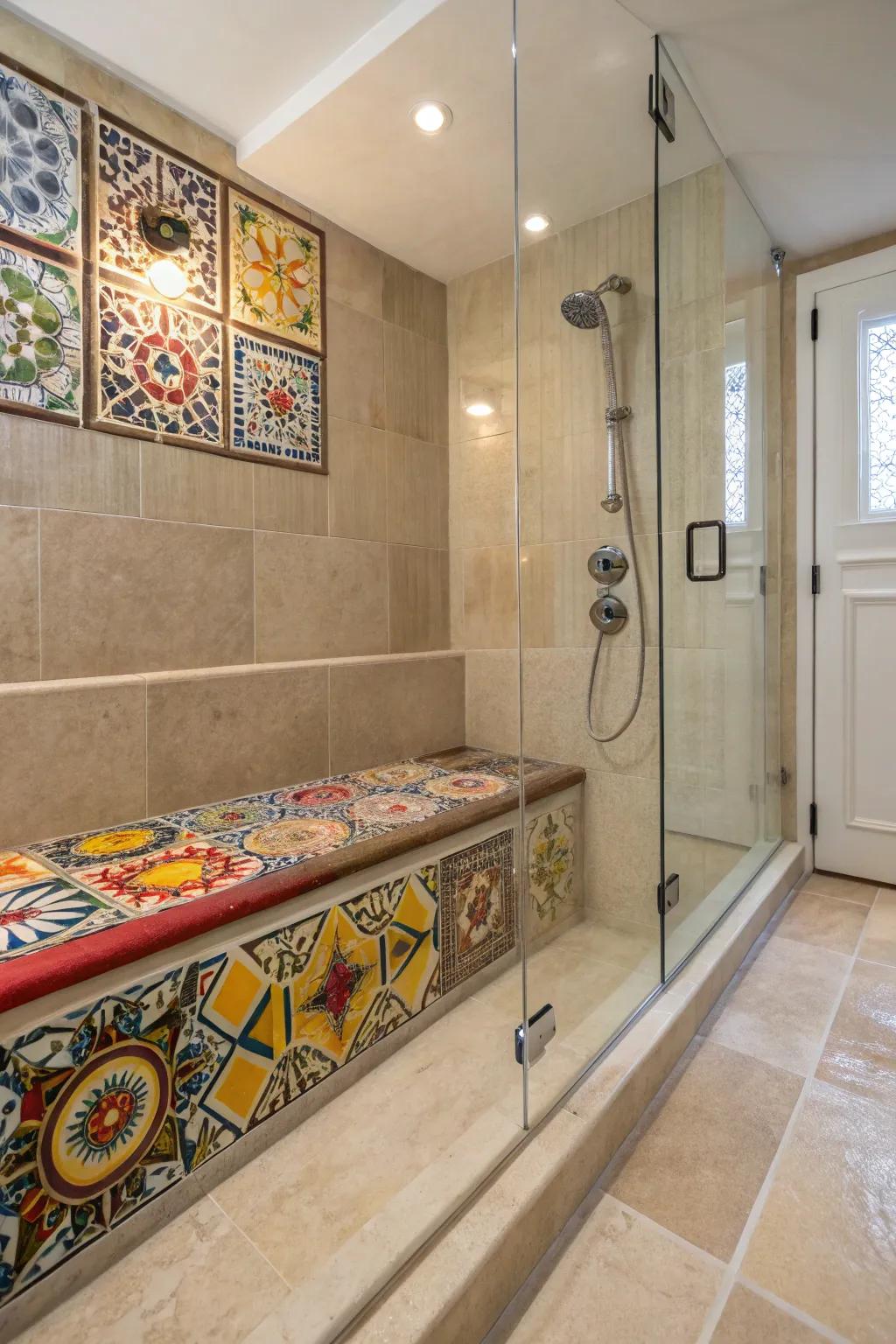 Artistic tile bench serving as a bold focal point in the walk-in shower.