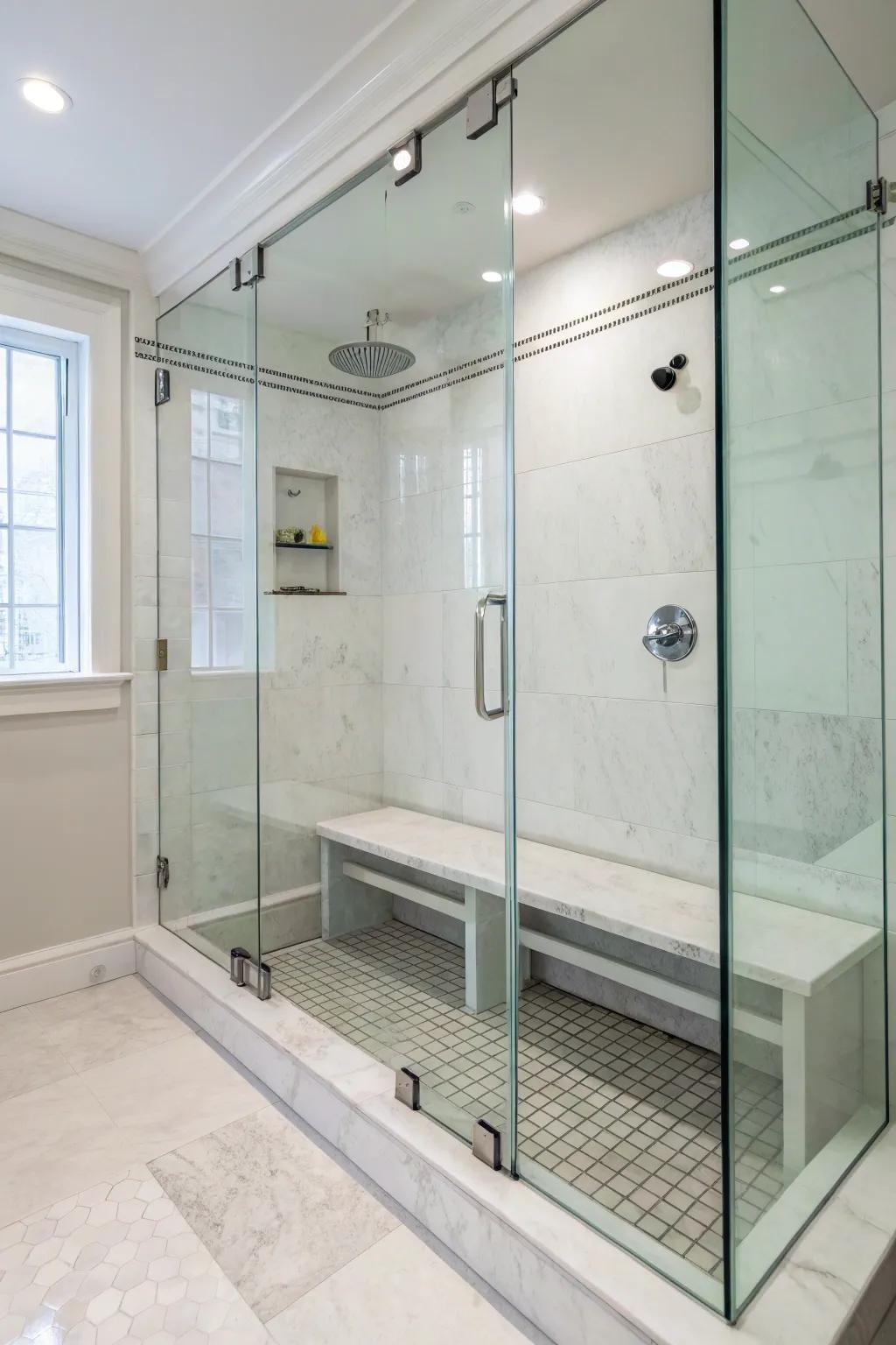 Minimalist glass bench enhancing brightness and openness in the shower.